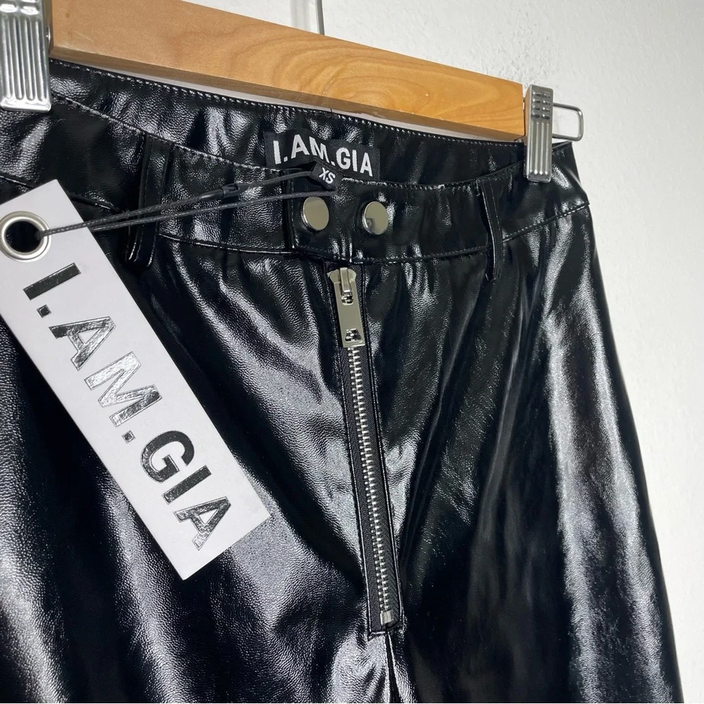 I.AM.GIA Nikole Black Faux Leather Exposed Front Zip PVC Skinny Straight Pants - Picture 4 of 12